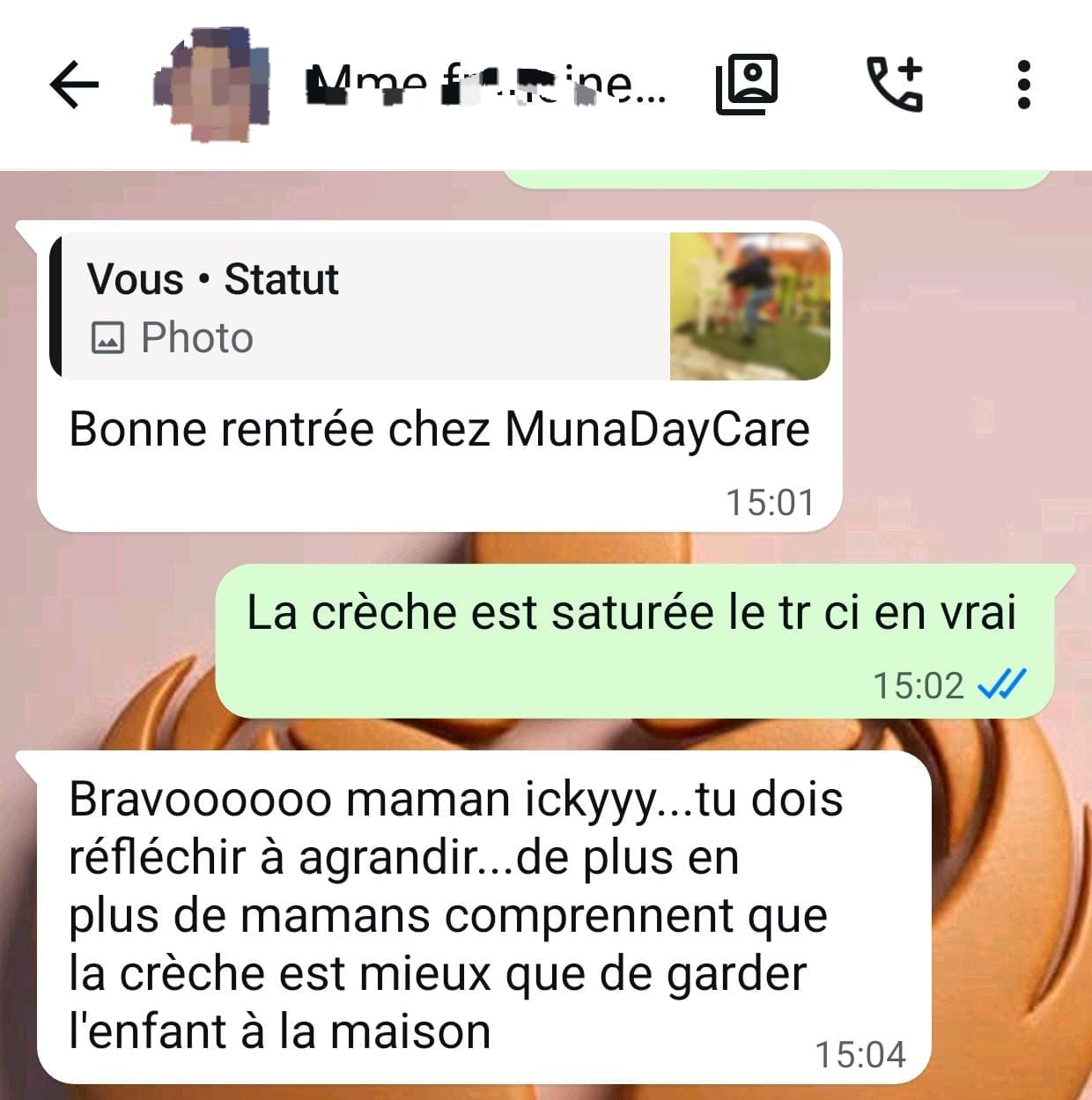 Message WhatsApp de Brenda et Yves, parents de jumeaux, à propos du jardin et des ateliers créatifs de MUNA